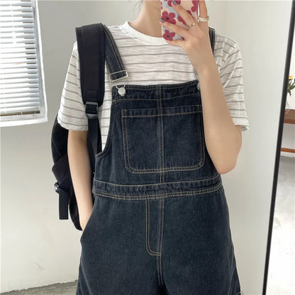Women's Denim Overalls Short Trousers Wide Leg Loose Fit Thin Jumpsuit Korean Style for Petite Ladies Casual Clothing