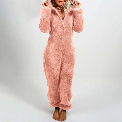 Women Winter Warm Plush Romper Pajamas Solid Color Long-Sleeve Zipper High Neck Hooded Homewear S/M/L/XL/2XL