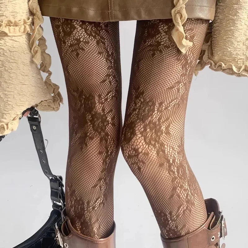 Korean INS Hollowed Lace Mesh Stockings Women Pantyhose Hot Tights Japanese Lolita Retro Floral Rattan Black White Long Socks
