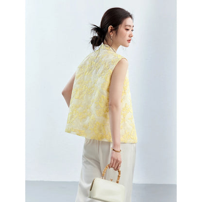 VIMLY Women's Vest 2026 Summer Casual Yellow Floral Embroidery Stand Collar New Chinese Style Sleeveless Jacket Ladies A5251
