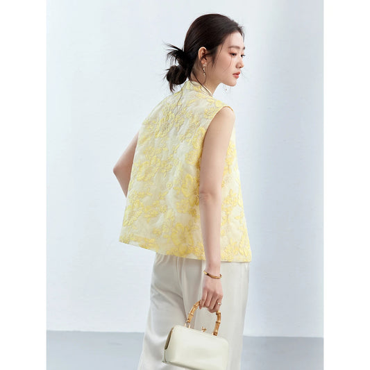 VIMLY Women's Vest 2026 Summer Casual Yellow Floral Embroidery Stand Collar New Chinese Style Sleeveless Jacket Ladies A5251