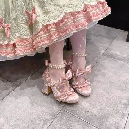 Sweet Lolita Women High Heels Luxury Designer Court Style Velour Bowknot Princess Dress Shoes Elegant