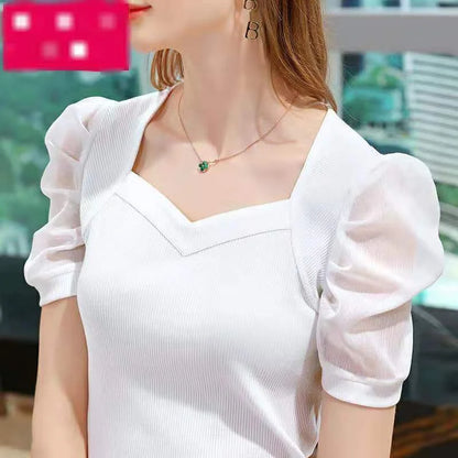 Elegant Women's Sweetheart Neck Puff Sleeve Top Blue Ribbed Slim Fit Short Sleeve Blouse Casual Daily Office Wear T-shirt