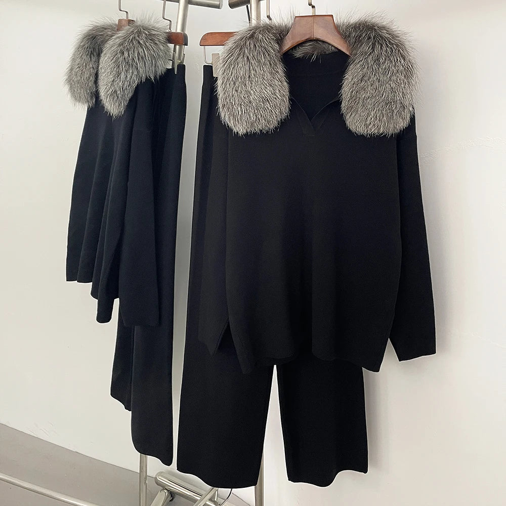 Reality Fur Jacket Pullover Set Woman Spring Knitted Suit Knitwear Female Real Fox Fur Collar Sweater Lady Autumn Knitted New