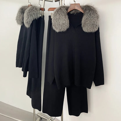 Reality Fur Jacket Pullover Set Woman Spring Knitted Suit Knitwear Female Real Fox Fur Collar Sweater Lady Autumn Knitted New
