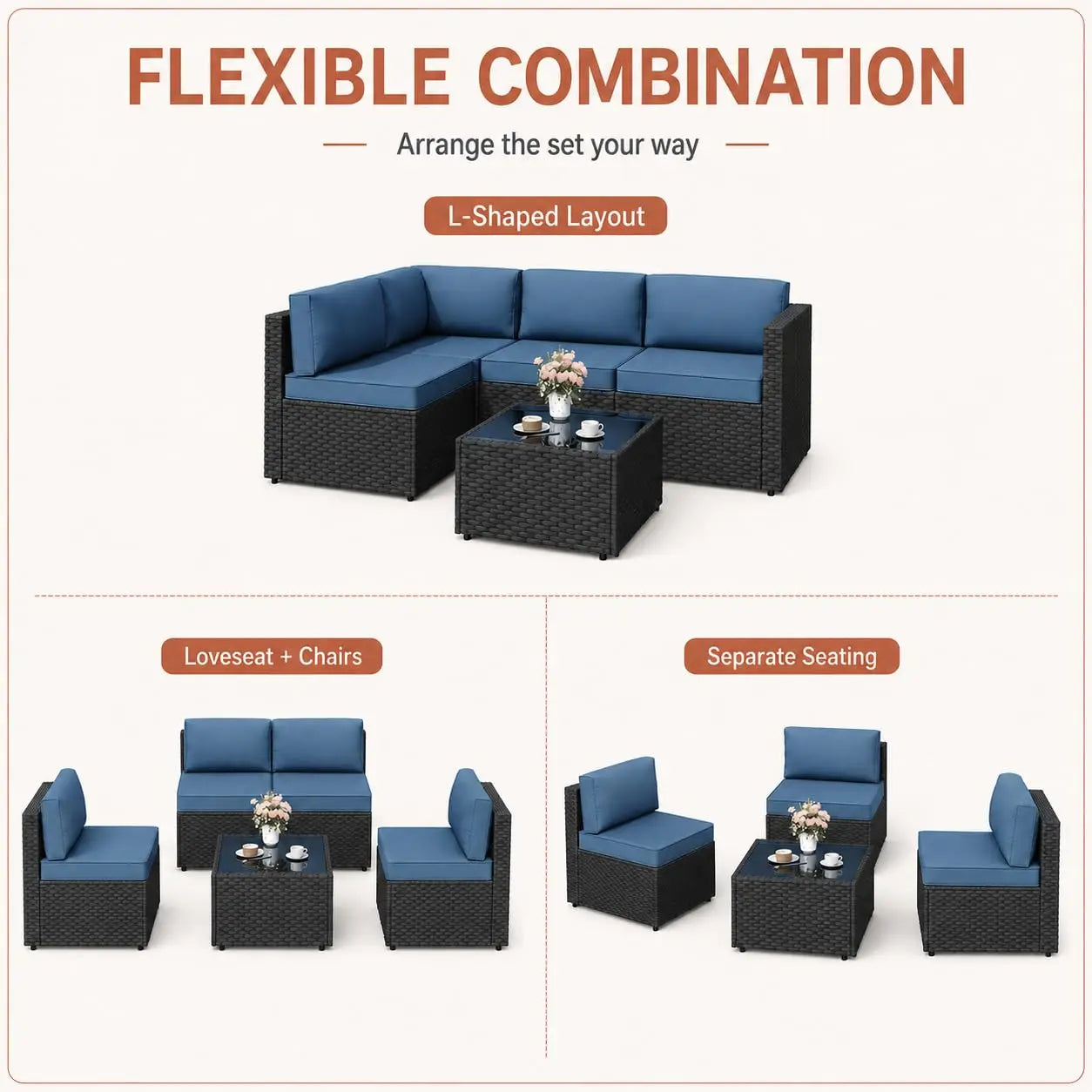 5-Piece Patio Furniture Set, Outdoor Wicker Sectional Sofa with 4-Inch Thick Cushions & Coffee Table, All-Weather PE, Custom