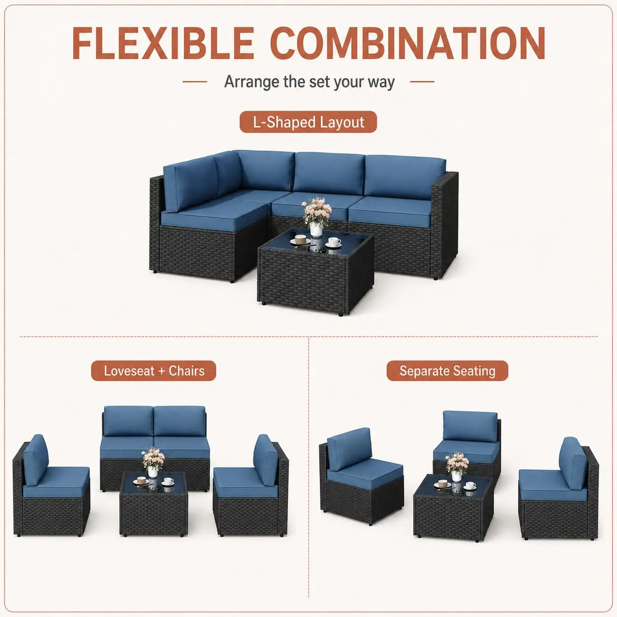 5-Piece Patio Furniture Set, Outdoor Wicker Sectional Sofa with 4-Inch Thick Cushions & Coffee Table, All-Weather PE, Custom