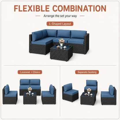 5-Piece Patio Furniture Set, Outdoor Wicker Sectional Sofa with 4-Inch Thick Cushions & Coffee Table, All-Weather PE, Custom