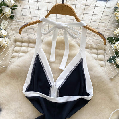 SINGREINY Ins Beach Jumpsuits Ladies Halter Sleeveless Button Design Backless Bodysuits American Retro Solid OL Slim Playsuits