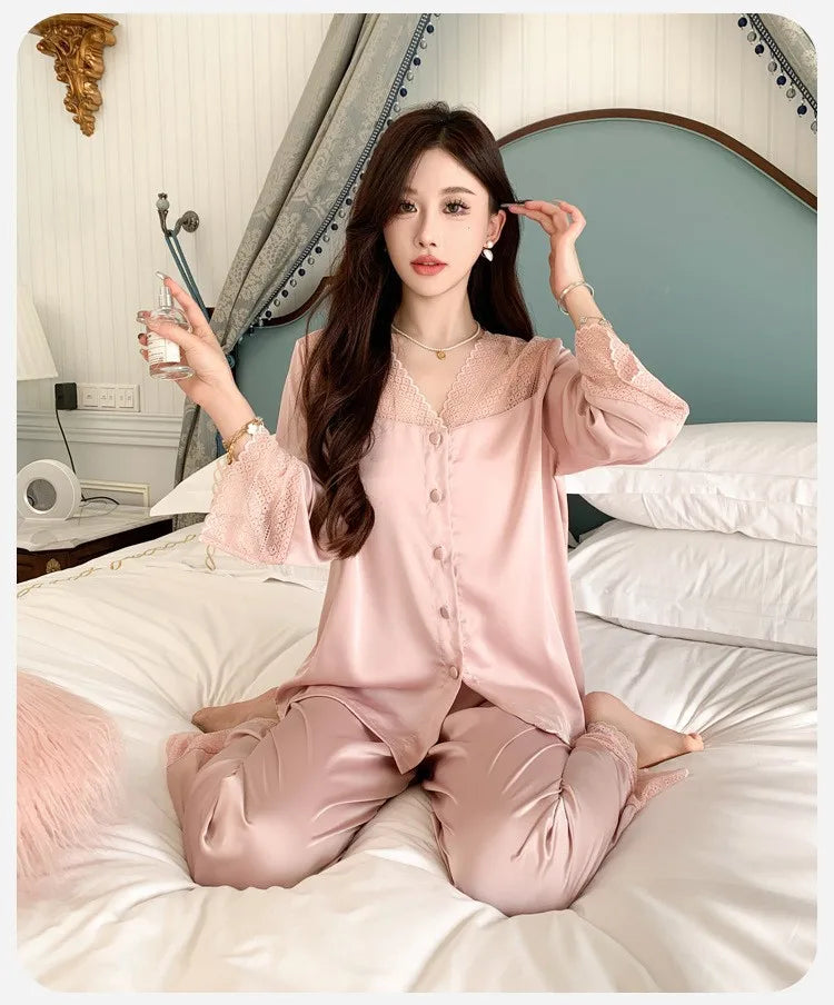 Women's Ice Silk Long-Sleeve Shirt and Full-Length Bottom Pajama Set Soft Warm Loungewear