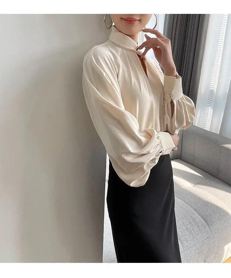 Women's Korean Fashion Hollow Ruffled Elegant Blouse Office Lady Stand Collar Business Casual Shirt Long Sleeve Solid Loose Tops