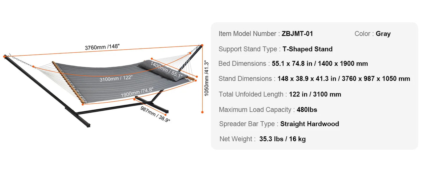 SucceBuy Two Person Hammock with Stand Included Double Hammock with Curved Spreader Bar and Detachable Pillow and Portable Bag