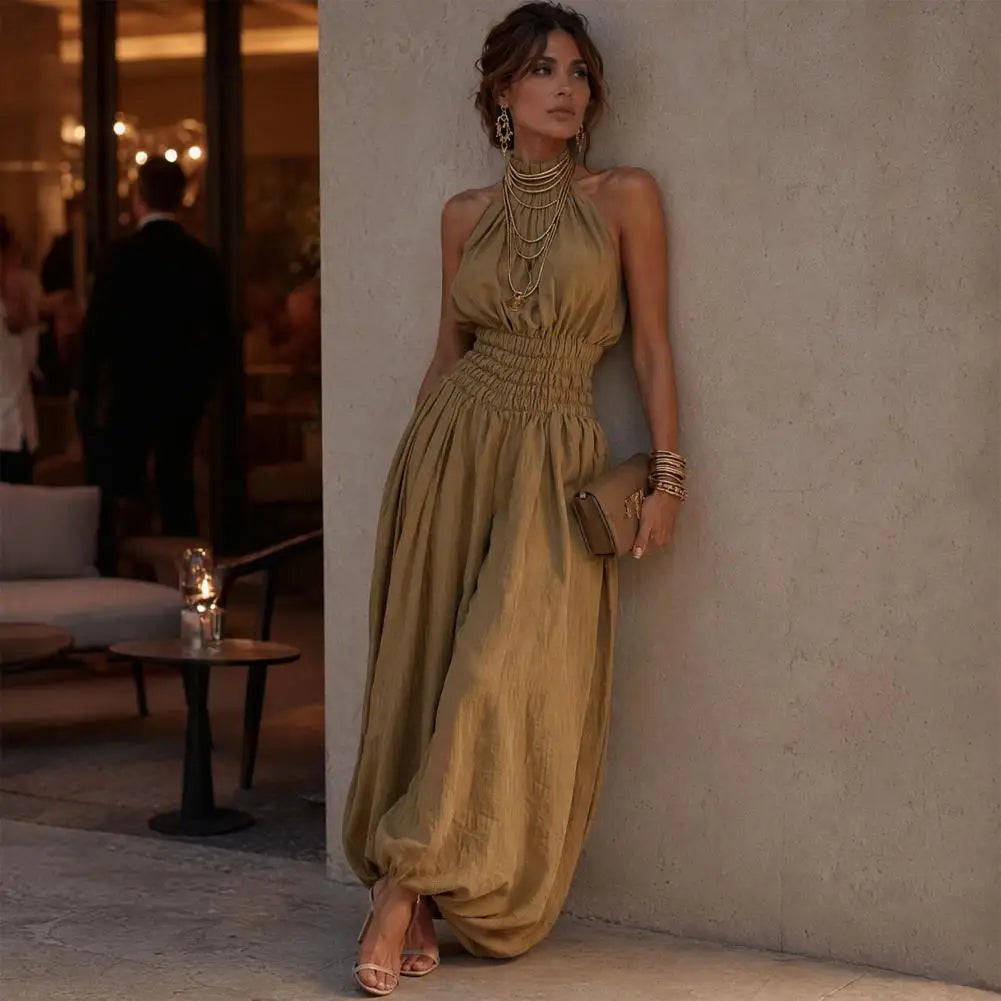 Smocked Waist Lantern Pants Women Rompers Summer Romper Halter Neck Sleeveless Jumpsuit With Lantern Leg For Casual Streetwear