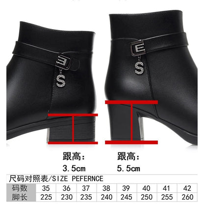 High-Heeled Leather Shoes Spring Single Shoes Thick Heel Thick Sole Slip-On Women's Shoes Square Toe Middle-Aged Mother's Shoes