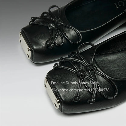Metallic Square Toe Ankle Wrap Bow Ballet Flats PU Leather Lace up Gothic Street Club Party Plus Size Casual Shoes for Women