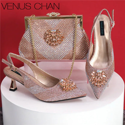 Newest Arrivals Special Design Silver Color African Women Shoes and Bag Set Pointed Toe Pumps for Wedding Party