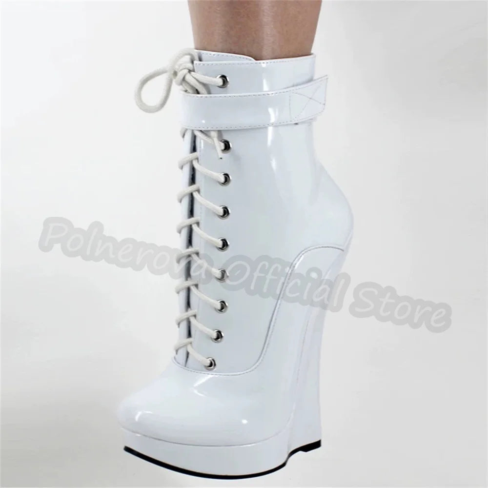 Gothic Punk Wedges Lace-Up Women Platform Boots Hoof Design Super High Heel Side Zipper Boots Unisex Pole Dance Party Shoes