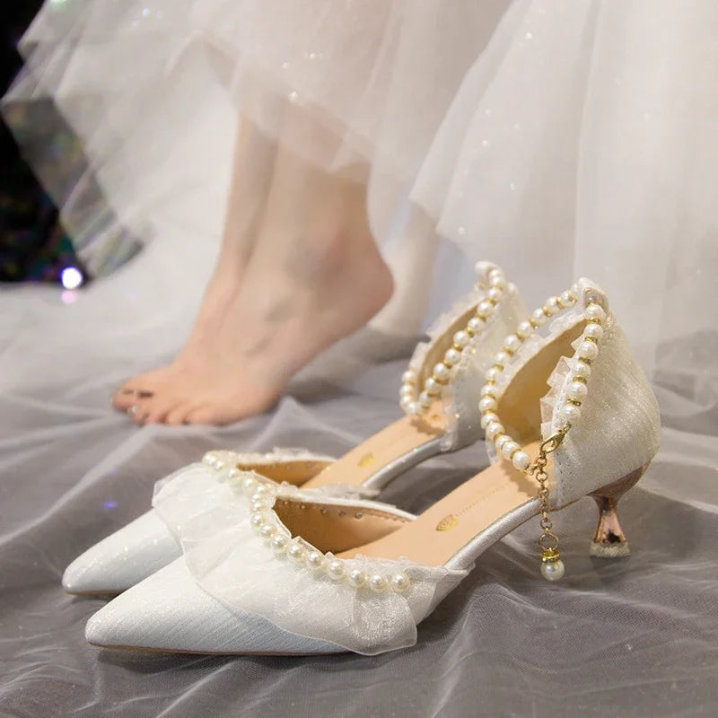 Elegant Pearl Weddings Bridal Pumps for Women 2026 Summer Silk Ankle Straps High Heels Shoes Woman Pointed Toe Dress White Shoes