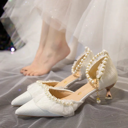 Elegant Pearl Weddings Bridal Pumps for Women 2026 Summer Silk Ankle Straps High Heels Shoes Woman Pointed Toe Dress White Shoes
