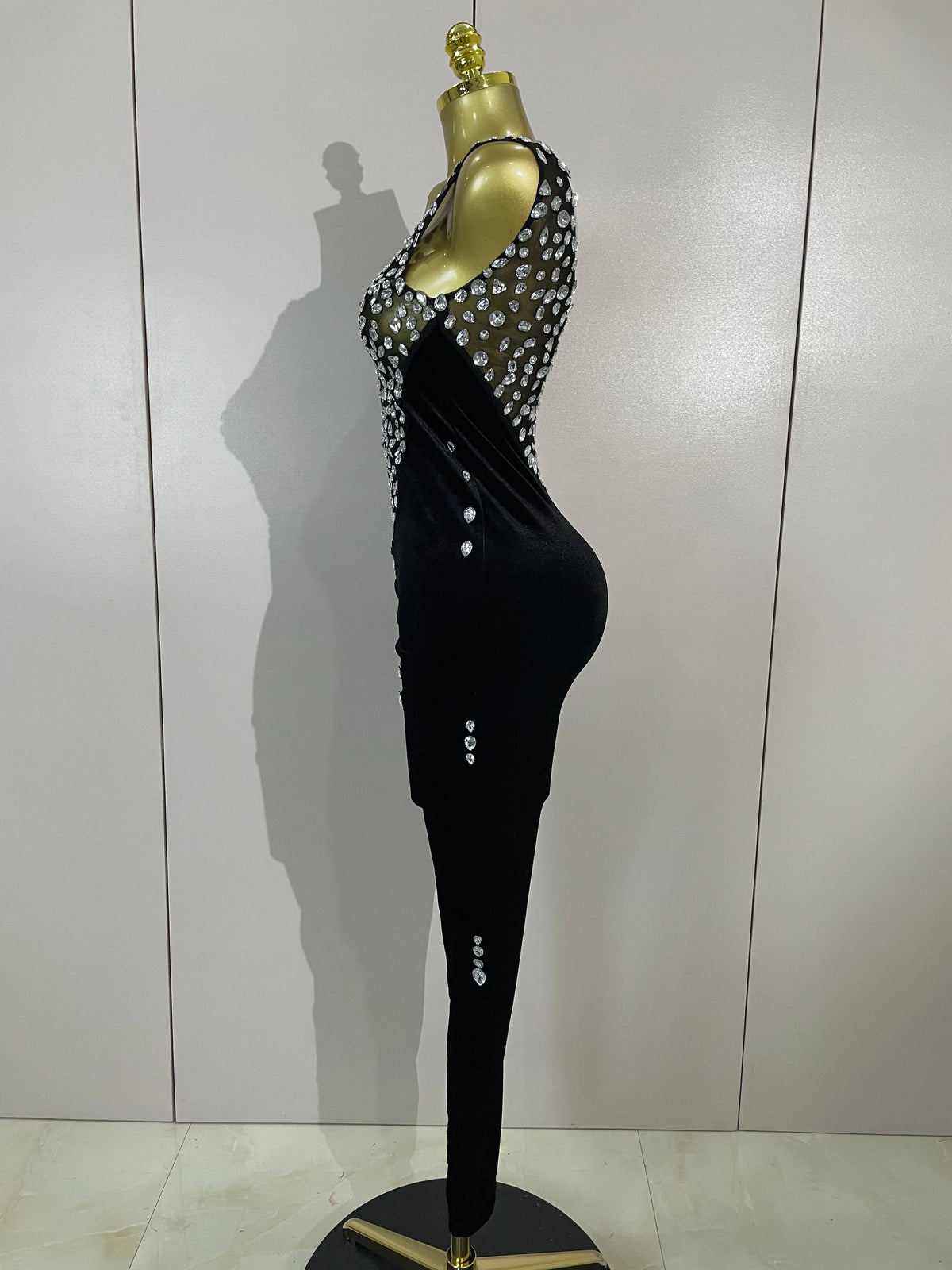Sexy Sparkly Rhinestones Black Velvet Jumpsuit Women Performance Dance Costume Celebrate Club Luxury Birthday Party Stage Outfit