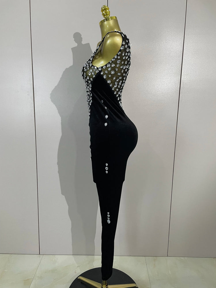Sexy Sparkly Rhinestones Black Velvet Jumpsuit Women Performance Dance Costume Celebrate Club Luxury Birthday Party Stage Outfit