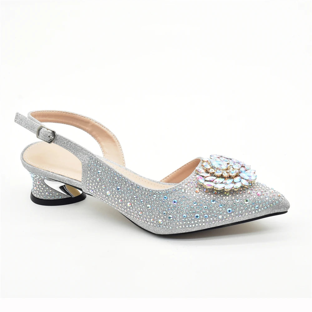 Luxury Designer Silver Italian Matching Shoes and Bag Set Decorated with Rhinestone Shoe and Bag Set for Party in Women Nigerian