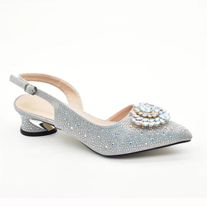 Luxury Designer Silver Italian Matching Shoes and Bag Set Decorated with Rhinestone Shoe and Bag Set for Party in Women Nigerian