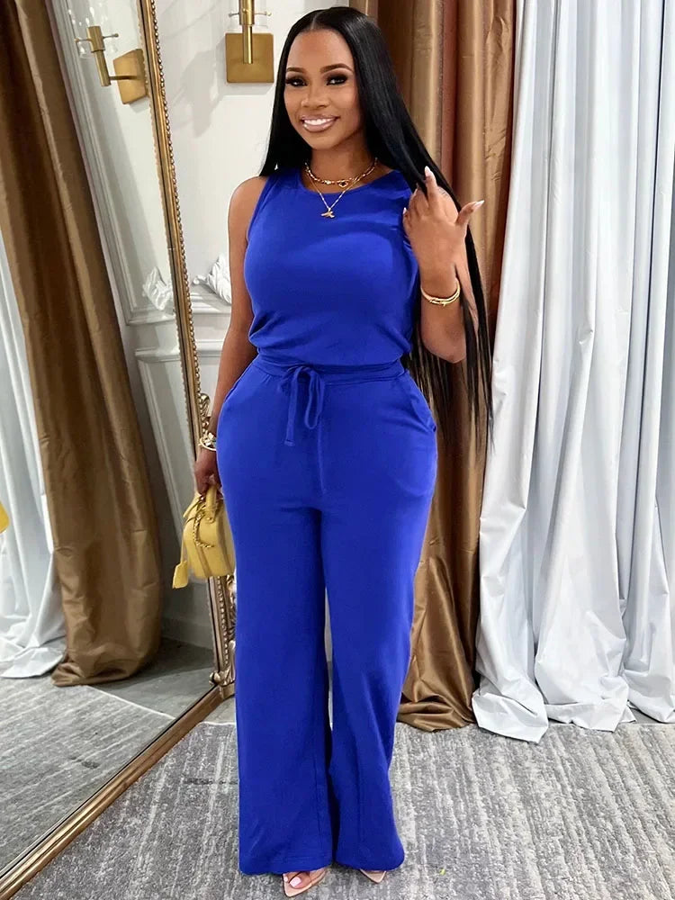 Solid Casual Jumpsuit for Women Sleeveless Drawstring High Waist One Pieces Rompers and Jumpsuits Summer Outfits Combinaison