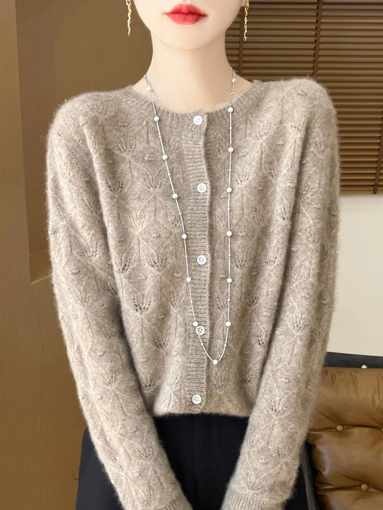 New Autumn Winter Soft Warm Cardigan Woman Cashmere Sweater O-neck Women 100% Merino Wool Sweater Loose Fit Hollow out Top Coat