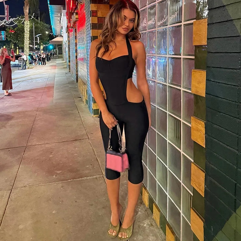 Women Fashion Sexy Hollow Out Halter Backless Skinny Knee Length Jumpsuits Solid Strapless Booty Lifting Slim cASUAL oVERALLS
