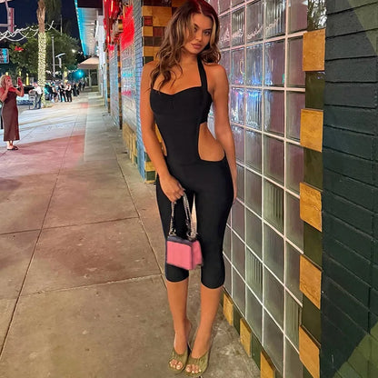Women Fashion Sexy Hollow Out Halter Backless Skinny Knee Length Jumpsuits Solid Strapless Booty Lifting Slim cASUAL oVERALLS