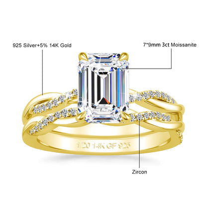 14K Gold Filled Emerald Cut 3ct Moissanite Ring Set Twisted Double Band Engagement Wedding Ring for Bride Luxury Bridal Jewelry