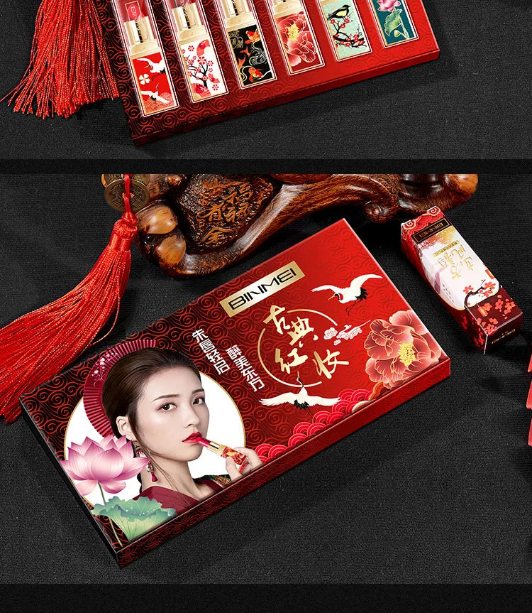 6pcs/set Chinese Style Lipstick Gift Set Box Lasting Moisturizing Nourishing Red Lip stick Cosmetics Women Beauty Makeup Set