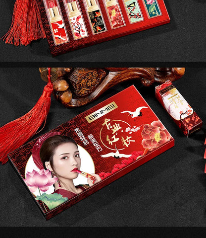 6pcs/set Chinese Style Lipstick Gift Set Box Lasting Moisturizing Nourishing Red Lip stick Cosmetics Women Beauty Makeup Set