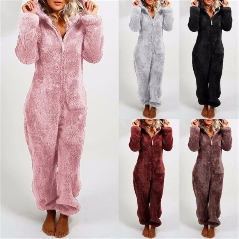 Women's Fleece Oneseies Zip Up Hooded Pajamas Rompers Cozy Sleepwear Pyjamas Autumn Winter Warm Loungewear Jumpsuit