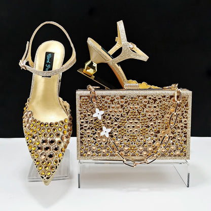 Party Style African Women's Shoes Bags Rhinestone Embellished Pointed Toe Cutout Heels Square Clutch Bag