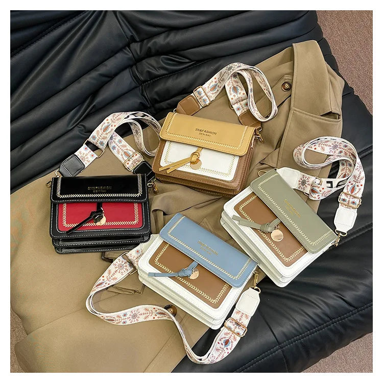 Fashionable Bag for Women, Versatile New Crossbody Bag, Contrasting Color Shoulder Bags, Small Square Bag, Wide Shoulder Strap