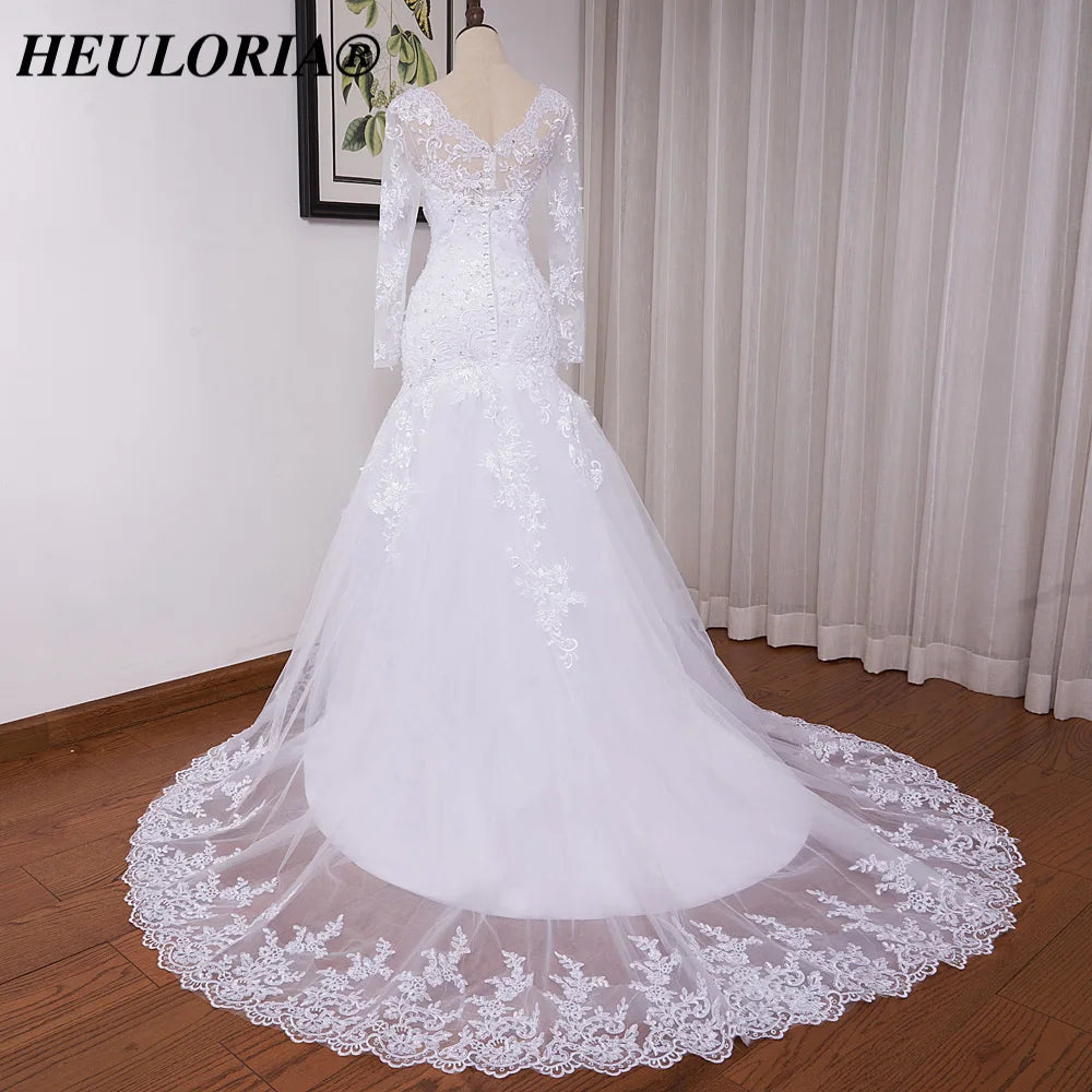 HEULORIA Mermaid Wedding Dresses long sleeve V neck bride dress lace applique beading wedding gown Robe de mariage customize