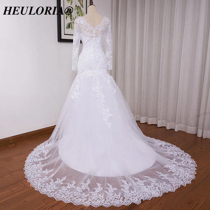 HEULORIA Mermaid Wedding Dresses long sleeve V neck bride dress lace applique beading wedding gown Robe de mariage customize