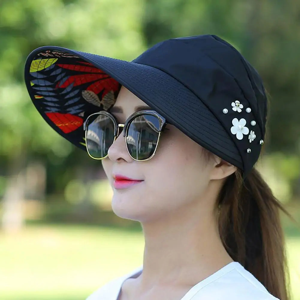 Women Summer Empty Top Sun Protection Cap Large Brim Anti-UV Ponytail Hat For Women Outdoor Travel Beach Visor Fisherman Hats