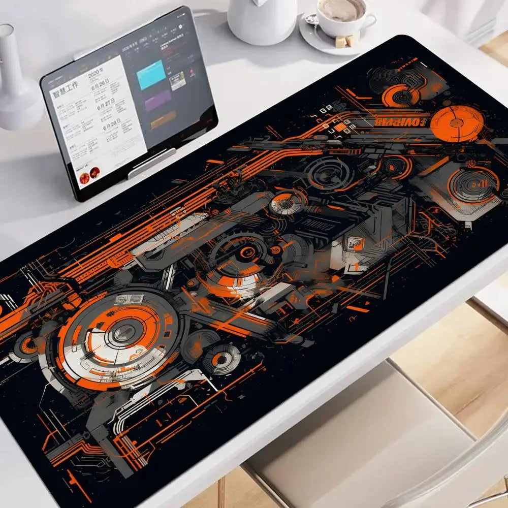 Large Gaming Mouse Pad Desk Mat Keyboard Pad Orange Circuit Gear Cyberpunk Mechanical Tech NonSlip XXL Mousepad Tech Enthusiasts
