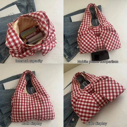 Women Red White/ Blue White Gingham Plaid Tote Bag with Big Bow Decor, Large Capacity Soft Canvas Shoulder Handbag, Casual Shopping Bag for Picnic Travel Daily Commute