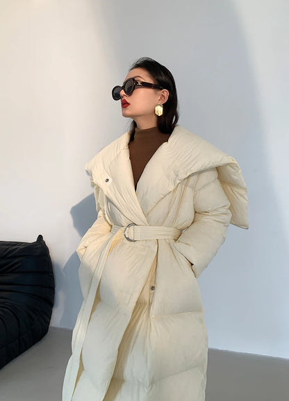 High end Ultra long White goose down Jacket For women Winter 2025 New Fashion Down Coat Female Thicken Parka Overcoat with belt