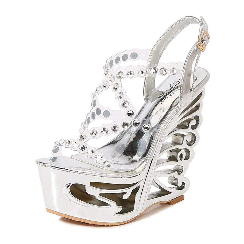 Voesnees Summer New Hollow Out Wedge Women's Pumps Shiny Sequins Fashion Party Shoes Club Heels Transparent Narrow Belt Sandals