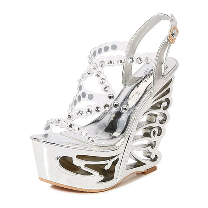 Voesnees Summer New Hollow Out Wedge Women's Pumps Shiny Sequins Fashion Party Shoes Club Heels Transparent Narrow Belt Sandals