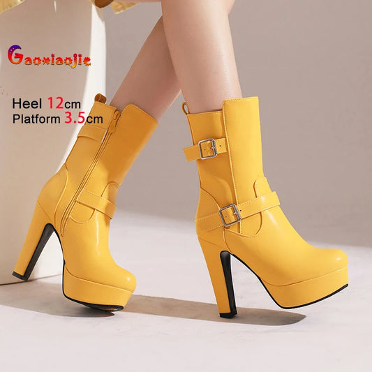 Mid calf Boots Woman Thick heel 12CM Fashion Buckle Women Thick Sole Shoes Autumn Winter New Side Zipper Platform Female Boots