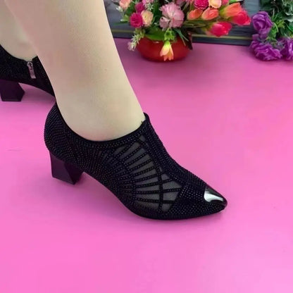 Women's Pointed Toe Sandals Luxury Breathable Mesh Bowknot Rhinestone Clear Elegant Mid-Heeled Simple Pump Shoes Mesh Sandals