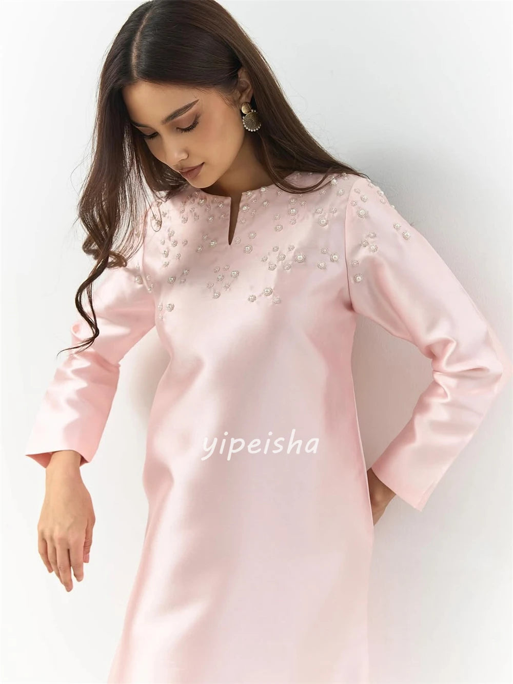 Customized High Quality Elegant Charmeuse Beading Pleat A-line Scoop Neck Long Dresses Bespoke Occasion Dresses Modern Style
