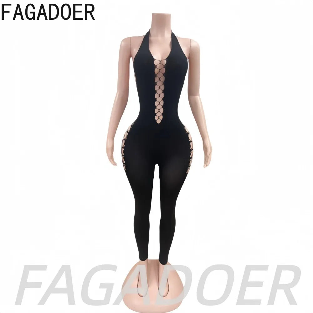 FAGADOER Sexy Black Hollow Out Jumpsuits Fashion Off Shoulder Halter Side Cross Lace-Up Cutout Bodycon Rompers Night Club Wear