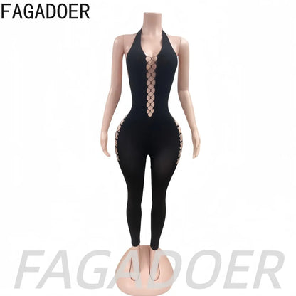 FAGADOER Sexy Black Hollow Out Jumpsuits Fashion Off Shoulder Halter Side Cross Lace-Up Cutout Bodycon Rompers Night Club Wear